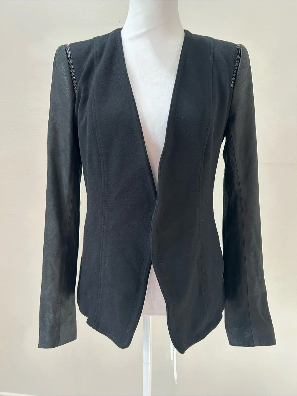 Theory Yaisa Black Open-Front Blazer Jacket with Leather Sleeves